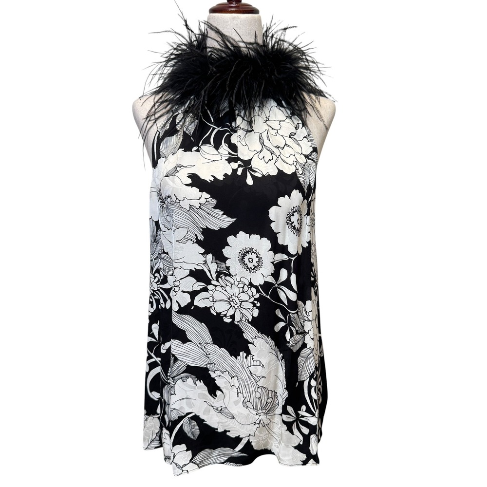 Trina Turk Womens Grand Top S Black Floral Ostrich Feather Trim Glam Halter